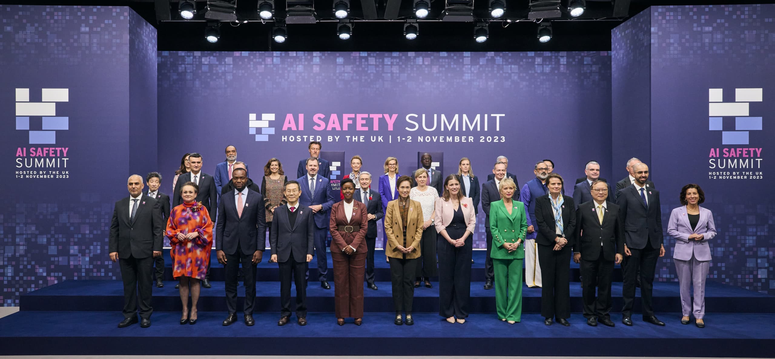 Digital ministers poses for a family photo day one of the UK AI Summit at Bletchley Park